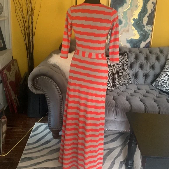 Orange and tan maxi faux wrap dress with v neck - Picture 5 of 6